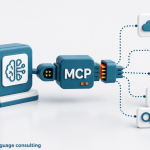 3D illustration of an MCP module connected by a robotic arm to icons representing cloud, database, gears, a chart, and a magnifying glass, linked by dotted lines (data integration concept).