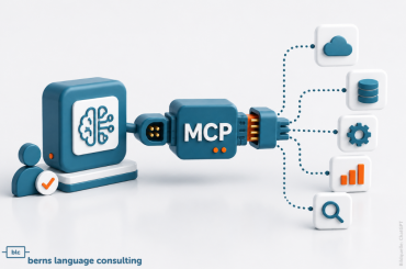 3D illustration of an MCP module connected by a robotic arm to icons representing cloud, database, gears, a chart, and a magnifying glass, linked by dotted lines (data integration concept).