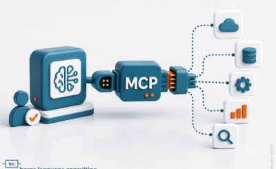 3D illustration of an MCP module connected by a robotic arm to icons representing cloud, database, gears, a chart, and a magnifying glass, linked by dotted lines (data integration concept).