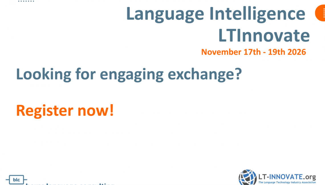 Conference banner for LTInnovate: Language Intelligence, November 17–19, 2026; 'Looking for engaging exchange?' and orange 'Register now!', logos for Berns Language Consulting and LT-Innovate.org