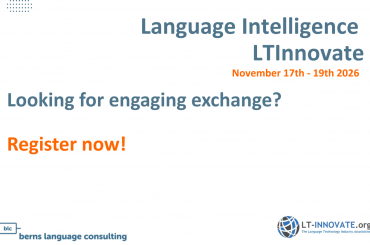 Conference banner for LTInnovate: Language Intelligence, November 17–19, 2026; 'Looking for engaging exchange?' and orange 'Register now!', logos for Berns Language Consulting and LT-Innovate.org