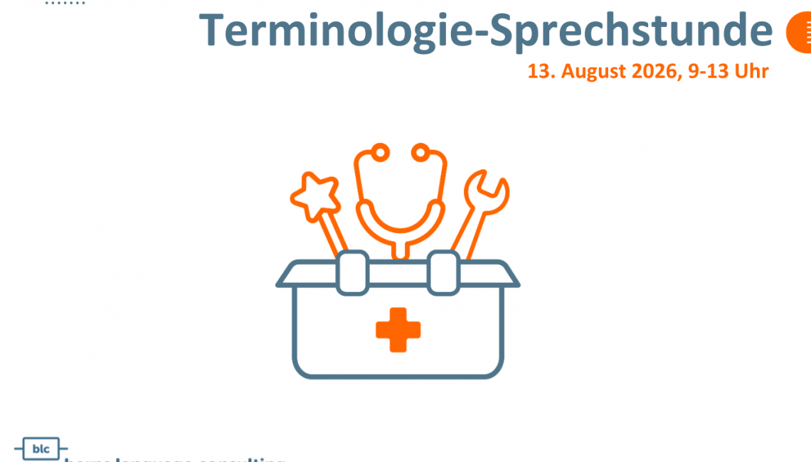 Banner announcing Terminologie-Sprechstunde on 13 August 2026, 9–13 Uhr, with a medical kit icon emerging from a toolbox and the Berns Language Consulting logo below left.