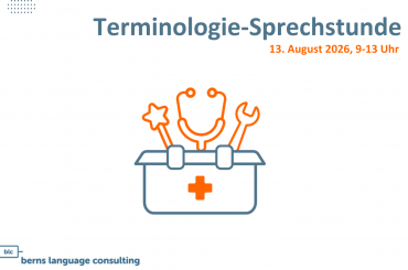 Banner announcing Terminologie-Sprechstunde on 13 August 2026, 9–13 Uhr, with a medical kit icon emerging from a toolbox and the Berns Language Consulting logo below left.