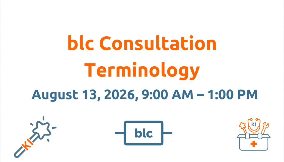 Event banner: orange 'blc Consultation Terminology', blue date 'August 13, 2026, 9:00 AM–1:00 PM', with wand, blc badge, and medical kit icons.