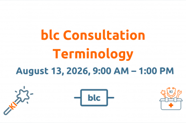 Event banner: orange 'blc Consultation Terminology', blue date 'August 13, 2026, 9:00 AM–1:00 PM', with wand, blc badge, and medical kit icons.