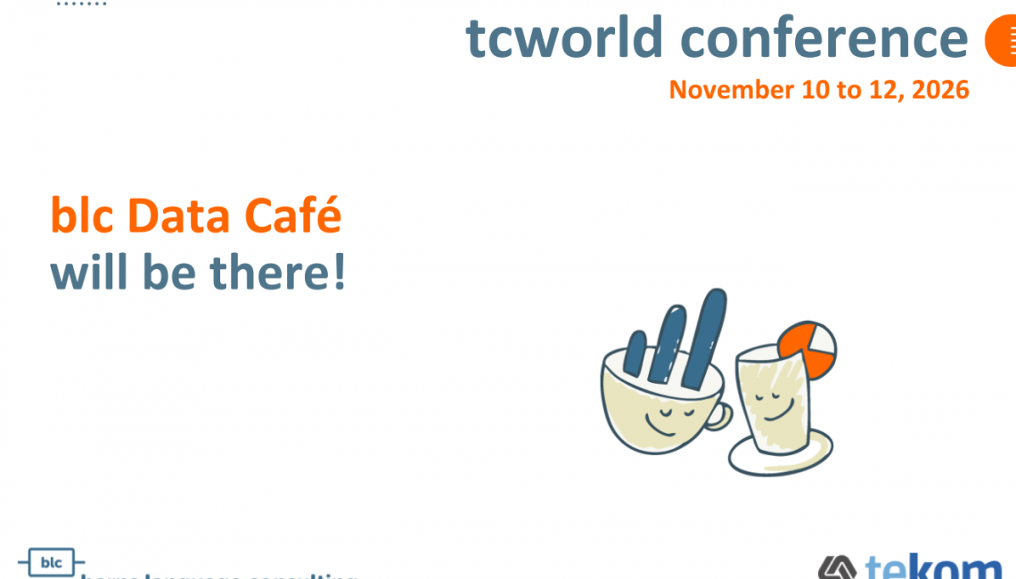 tcworld conference banner announcing 'blc Data Café will be there!' with cartoon cups and sponsor logos (blc, telkom).