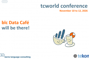 tcworld conference banner announcing 'blc Data Café will be there!' with cartoon cups and sponsor logos (blc, telkom).
