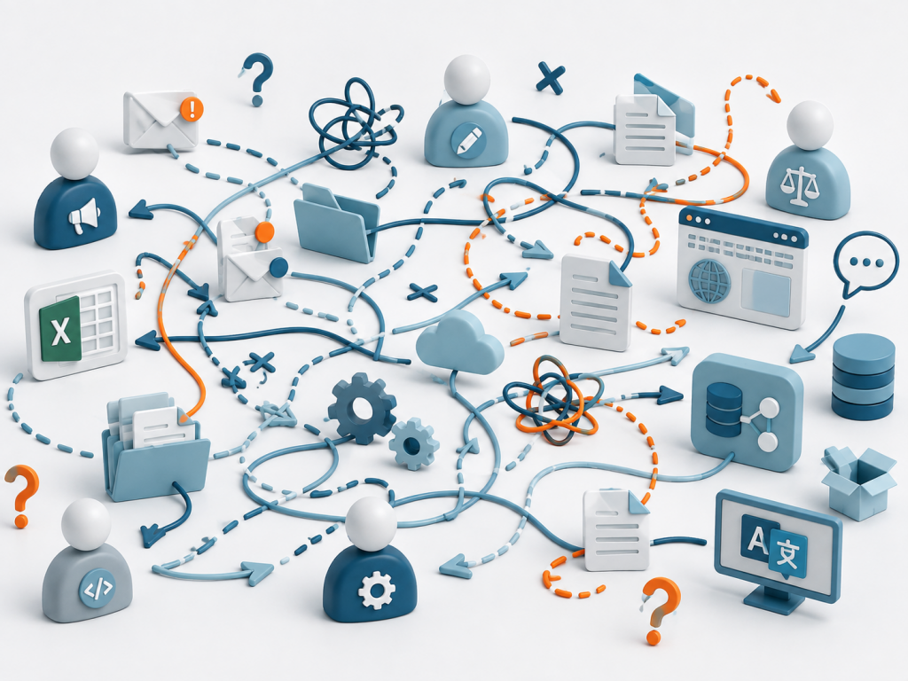 Abstract IT network with icons: cloud, folders, documents, gears, and arrows showing complex data flows. language processes / Sprachprozesse