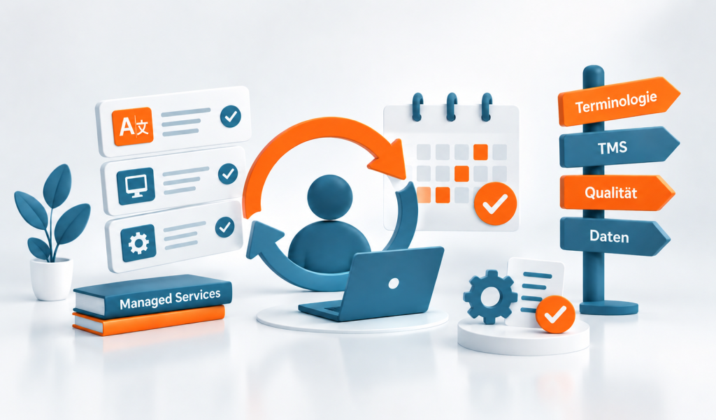 3D-Illustration zu Managed Services mit einer zentralen Person am Laptop, umgeben von Aufgaben, Kalender, Qualitätssicherung und den Bereichen Terminologie, TMS, Qualität und Daten.