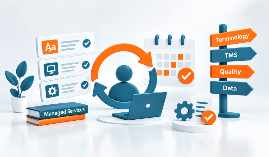 A 3D illustration of managed services featuring a central figure at a laptop, surrounded by tasks, a calendar, quality assurance, and the areas of terminology, TMS, quality, and data.
